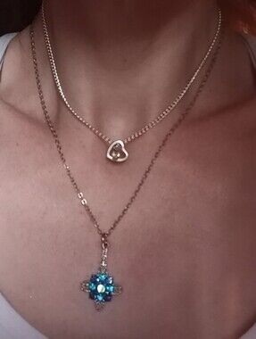 Layered Crystal Necklace Set Floating Heart 15" & Teal Blue Filigree Cross 18"